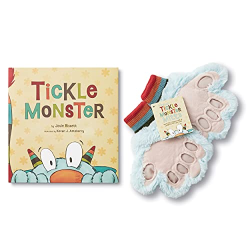 Children’s book “Tickle Monster” with fluffy blue monster mitts.