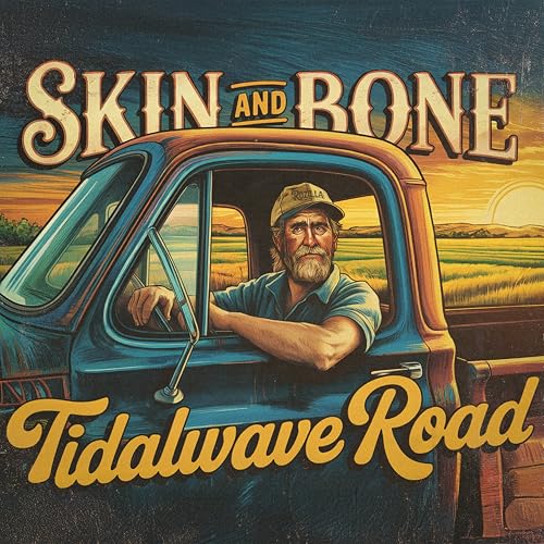 CD cover: man driving a blue pickup truck at sunset.