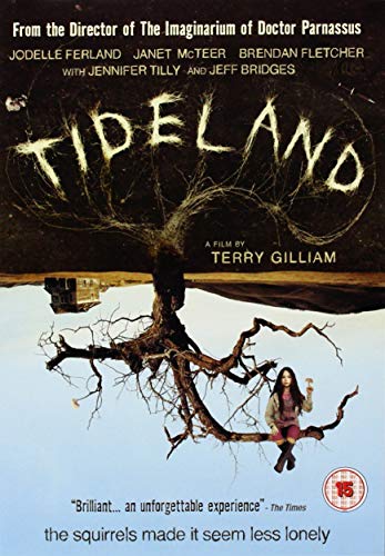 DVD cover art for Tideland featuring a girl sitting on an inverted tree branch.