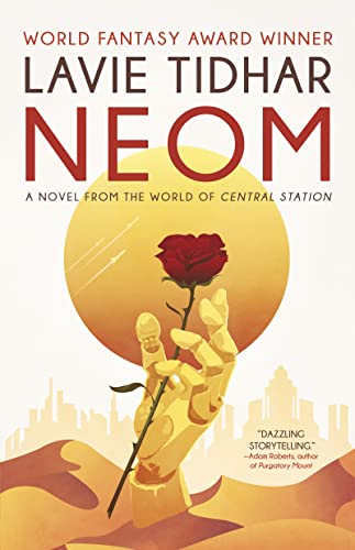 Book cover: robotic hand holding a red rose against a desert landscape.