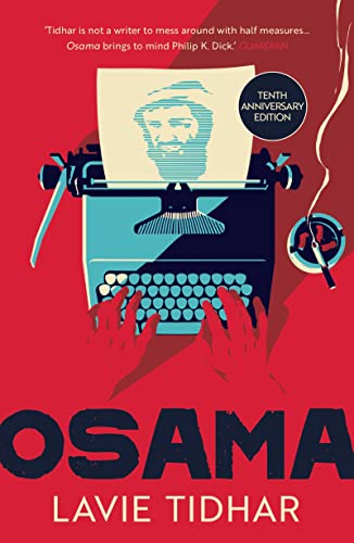 Red book cover with typewriter, portrait, and the title "Osama.