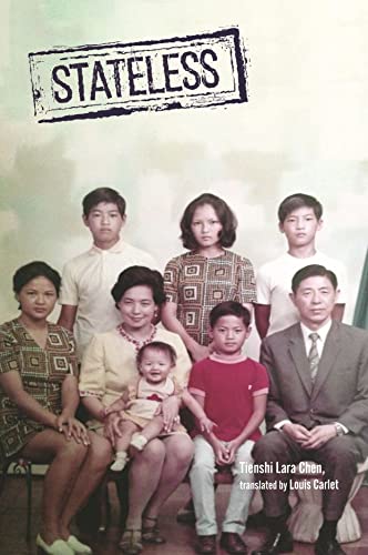 Book cover: “Stateless” with a vintage family portrait in sepia tones.