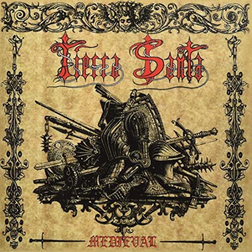 Medieval album cover with ornate border, knight’s armor, and swords.