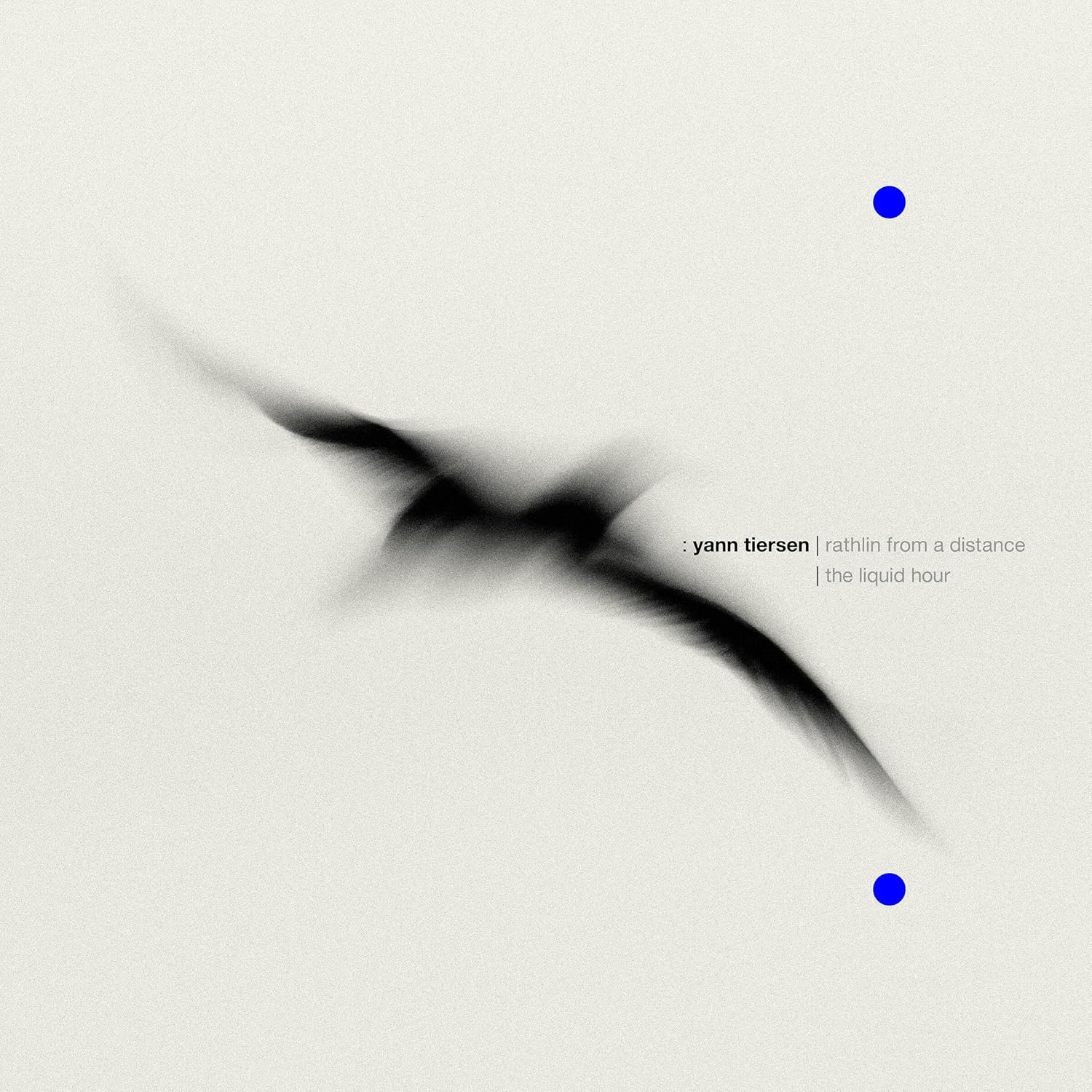 Album cover with a blurred black bird silhouette, two blue dots, and text.