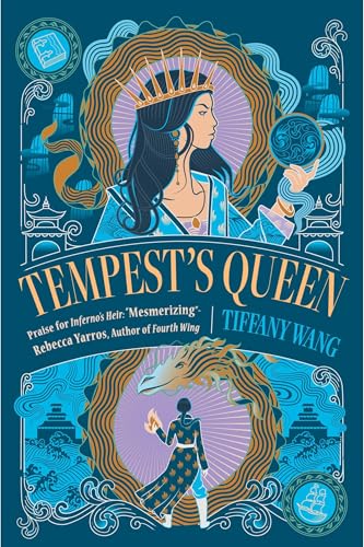 Book cover illustration featuring a crowned queen, a dragon, and ornate blue patterns.