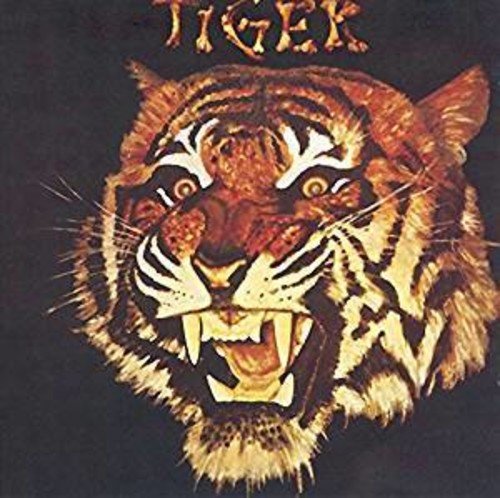 Close-up of a tiger’s face with an open mouth, album cover art.
