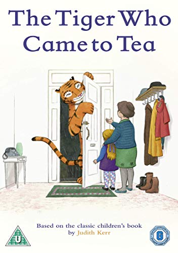 DVD cover for "The Tiger Who Came to Tea" featuring a tiger at a door.