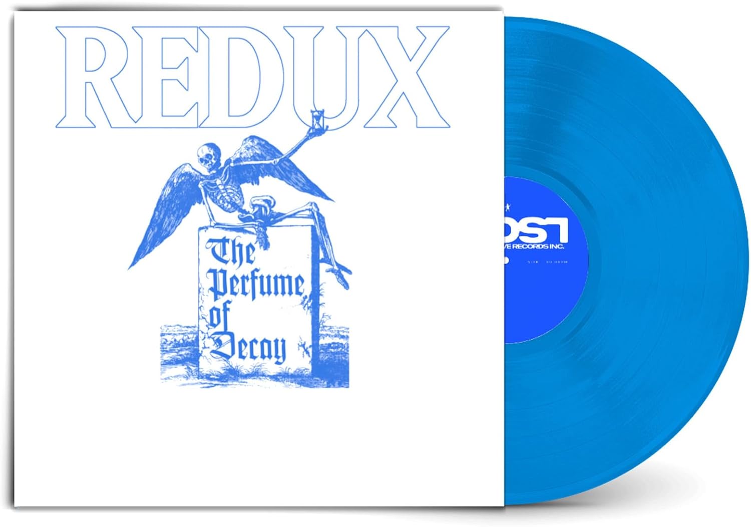 Blue vinyl record with album cover featuring skeletal imagery and text.