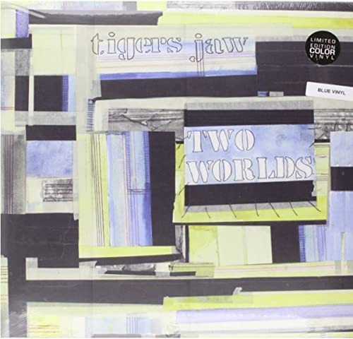 Two Worlds" vinyl record cover with abstract geometric shapes in blue, yellow, and black.