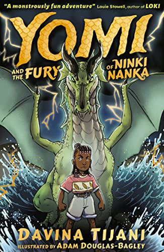 Book cover: girl facing a large, green dragon with stormy waves.
