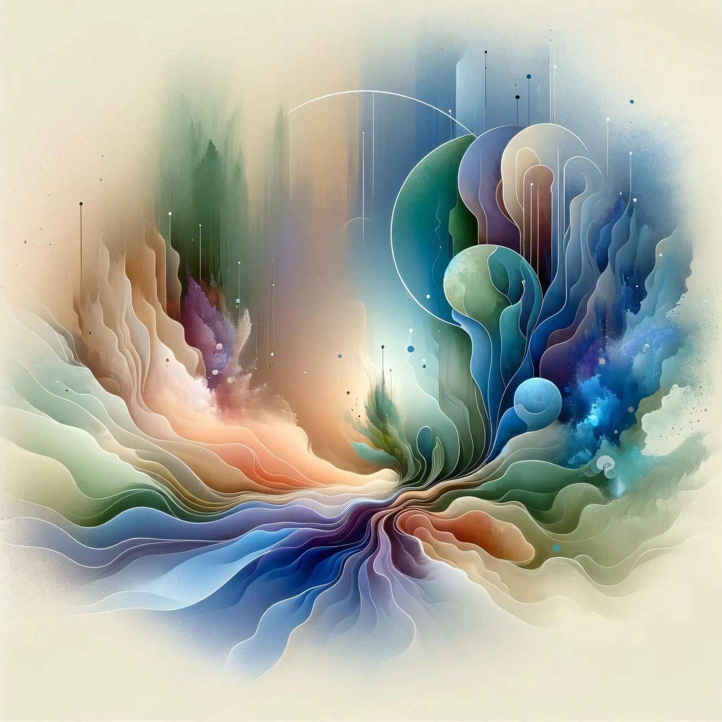 Abstract digital art with flowing, layered waves in blue, green, and warm earth tones.