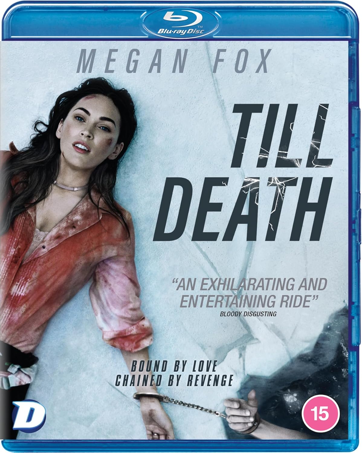 Till Death" Blu-ray cover featuring Megan Fox, distressed and bound.