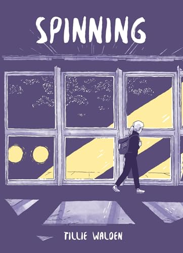 A person with a backpack walks past large windows in this purple-toned graphic novel cover.