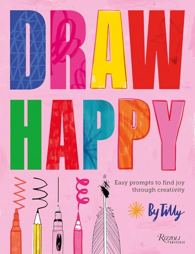 Book cover with the title Draw Happy in large, colorful letters on pink background.