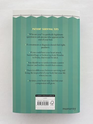 Back cover of the book Be Patient with green curtain background and survival tips.
