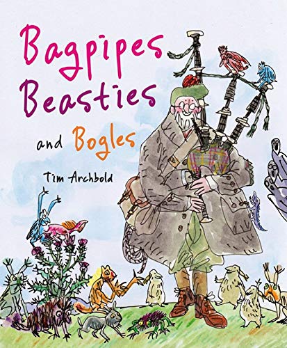 A bearded man in a coat plays bagpipes surrounded by whimsical, colorful mythical creatures.