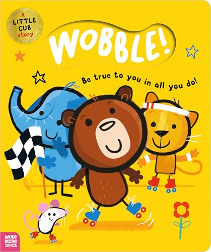 Colorful children’s book cover featuring animals roller skating and waving a flag.