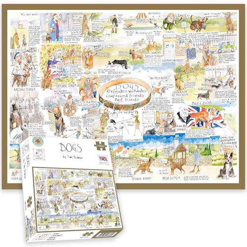 A cartoon-style collage of various dog breeds with handwritten notes on a puzzle box.