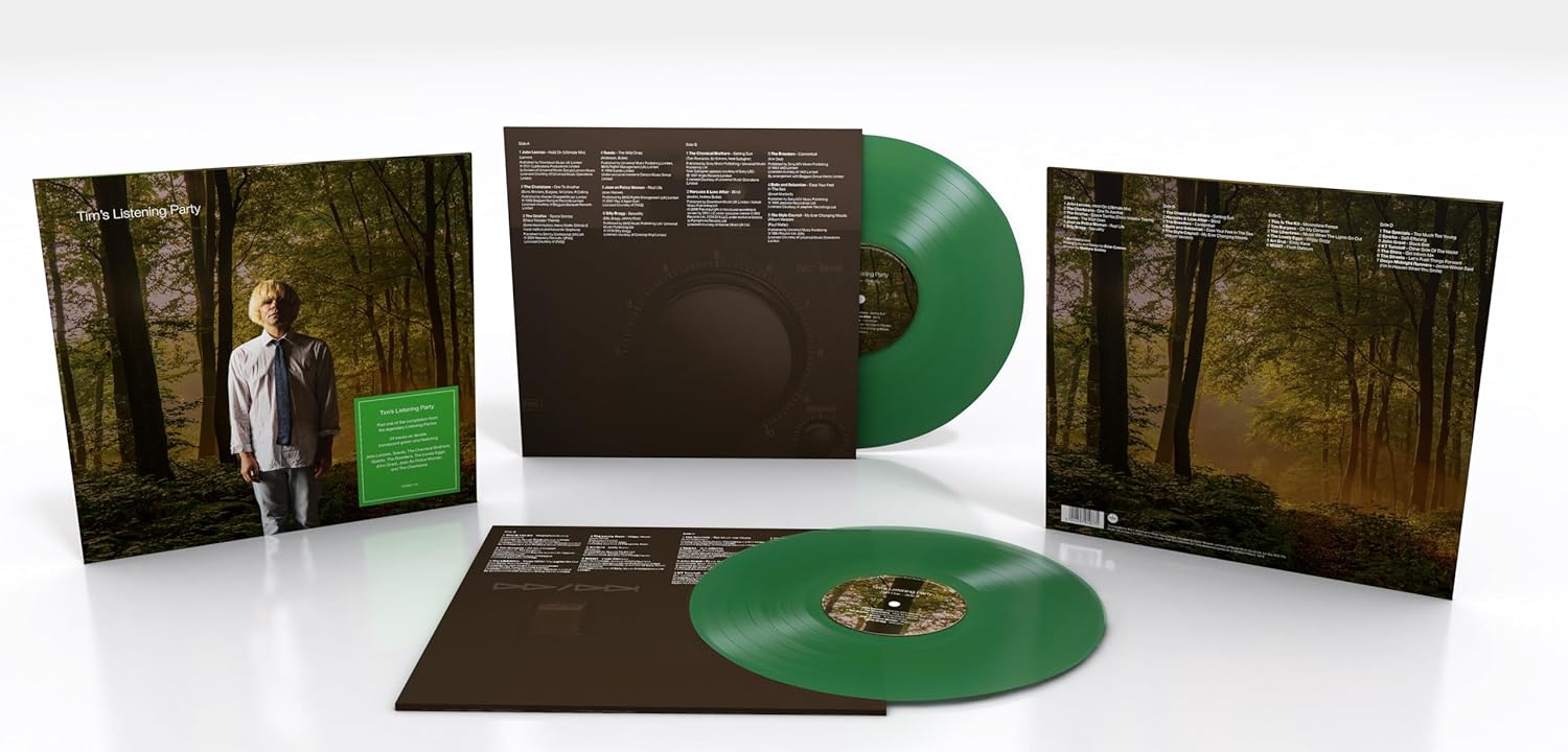 Tim Burgess Listening Party vinyl record set with green discs and forest-themed packaging.