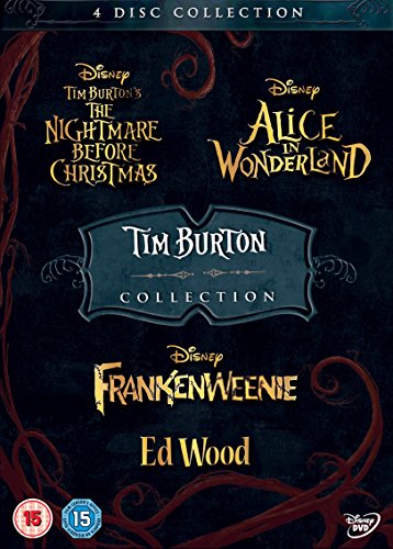 DVD cover featuring four Tim Burton films: The Nightmare Before Christmas, Alice in Wonderland, Frankenweenie, and Ed Wood.