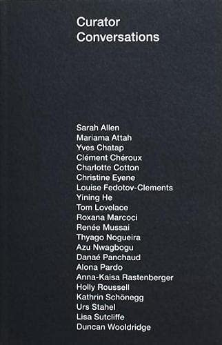 Black book cover with white text listing names: "Curator Conversations".