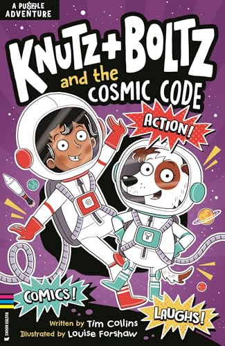 Book cover featuring children and a dog in spacesuits, colorful planets.
