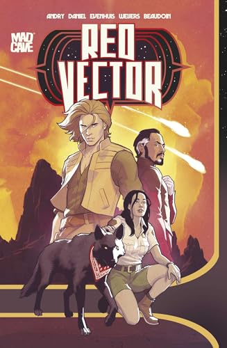 Comic book cover featuring three people and a large black dog.