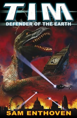 Dinosaur facing London landmarks, with helicopters firing lasers at it.