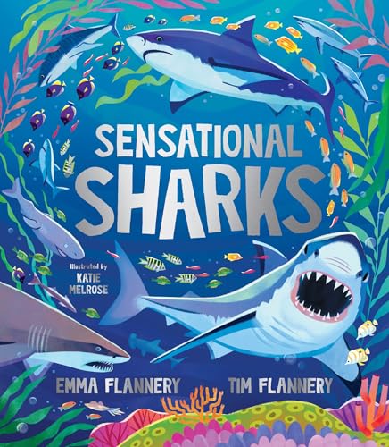 Book cover featuring illustrated sharks swimming amongst coral and colorful fish.