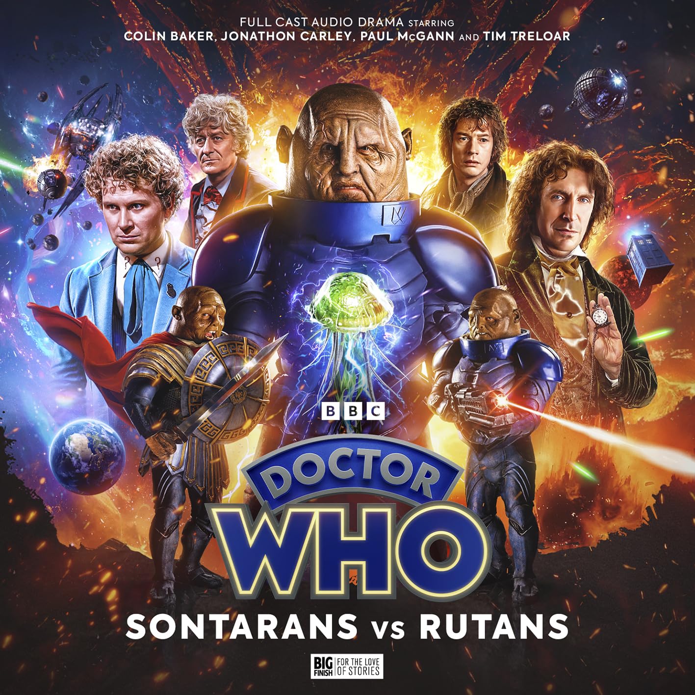 Doctor Who audio drama cover featuring the Doctor, Sontarans, and Rutans.