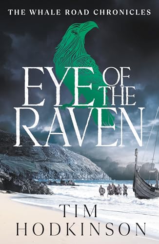 Book cover: green raven illustration over stormy seascape and Viking ship.