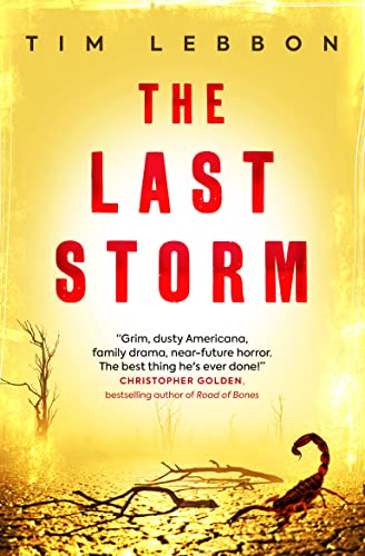 Book cover: "The Last Storm" with a desert landscape and scorpion.
