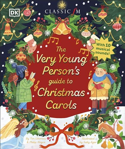 Red book cover with illustrated children caroling amidst Christmas decorations.