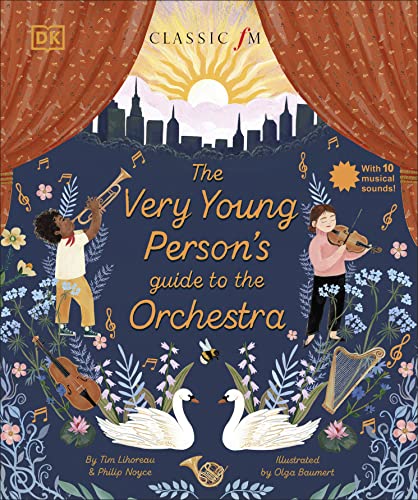 Book cover: children with instruments, orchestra, city skyline, floral border.