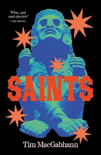 Book cover: blue stone statue with red stars and title "SAINTS".