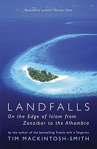 Book cover: aerial view of a tropical island, text “Landfalls” prominent.