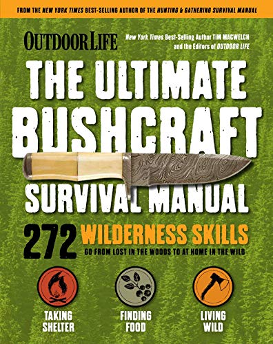 Book cover titled The Ultimate Bushcraft Survival Manual featuring a knife against forest background.