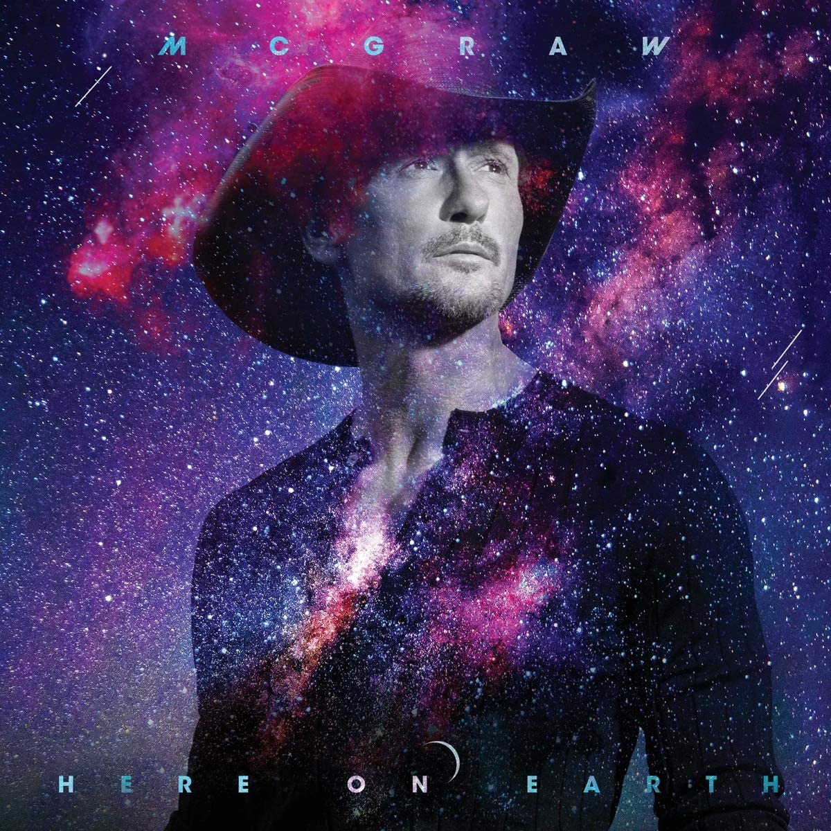 "Album cover with man in cowboy hat against a galaxy background."