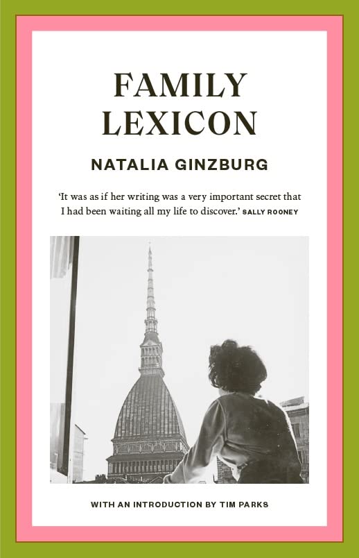 Book cover for Family Lexicon by Natalia Ginzburg featuring a woman looking at a tower.