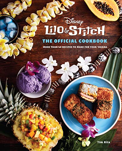 “Lilo & Stitch” cookbook with Hawaiian-inspired food and floral decorations.
