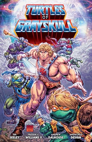 He-Man and Teenage Mutant Ninja Turtles in a dynamic comic book cover illustration.
