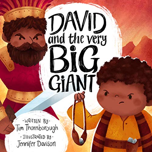 Illustration of David facing a giant with a sword, book cover.