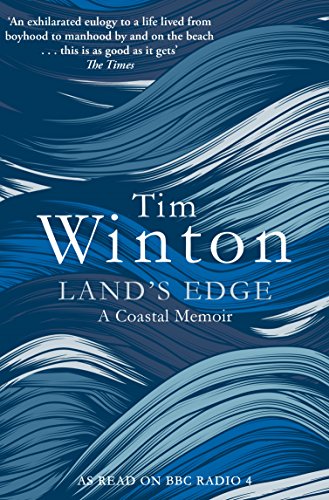 Book cover: “Land’s Edge” memoir by Tim Winton, with blue wave design.