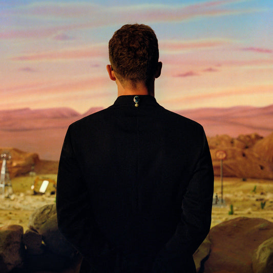 Man in suit viewed from behind, desert landscape background.
