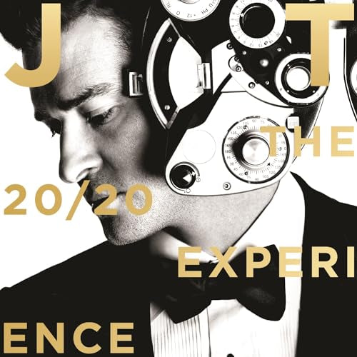 Justin Timberlake album cover, black and white with gold text and imagery.