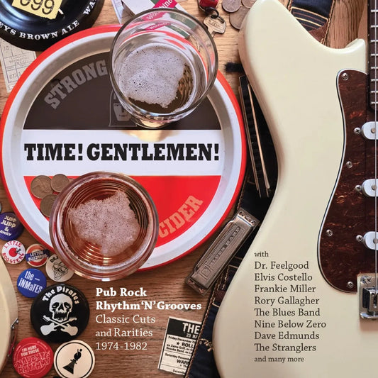3CD box set “TIME! GENTLEMEN!” surrounded by pub-themed objects.