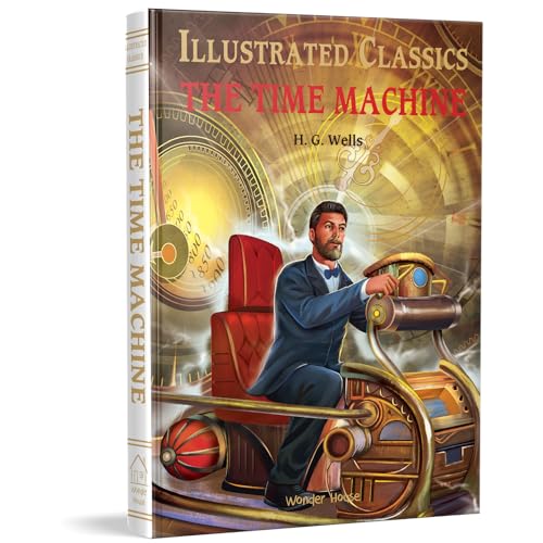 Book cover of “The Time Machine” featuring a man operating a complex machine.