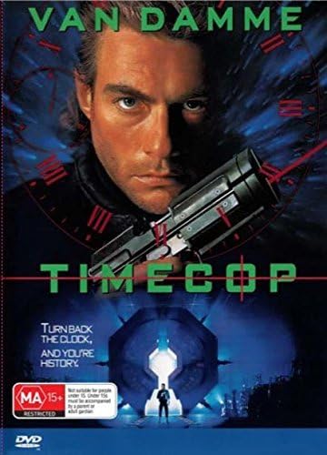 Jean-Claude Van Damme on "Timecop" DVD cover with gun and clock imagery.