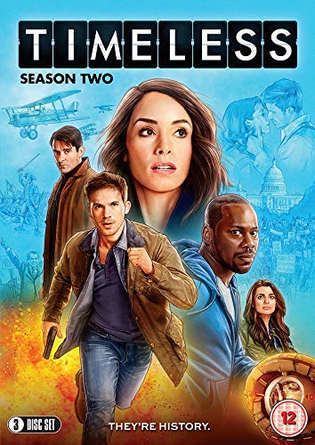 DVD cover art for Timeless Season Two featuring the main cast against historical backgrounds.