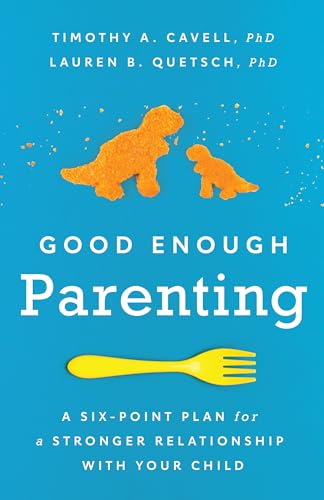Book cover: "Good Enough Parenting" with dinosaur and fork imagery.